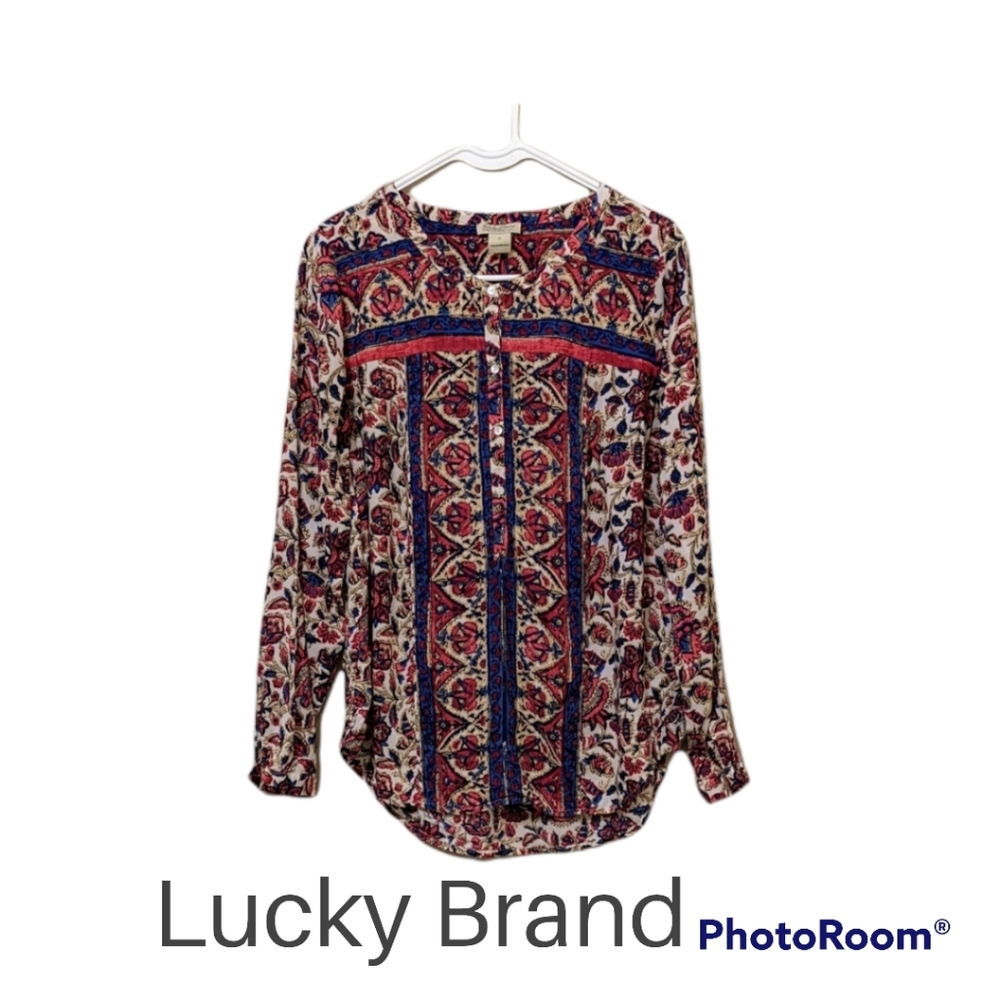 Lucky Brand Block Print Henley Blouse Size small